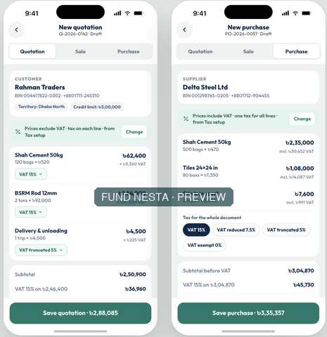Quotation and purchase documents with VAT settings